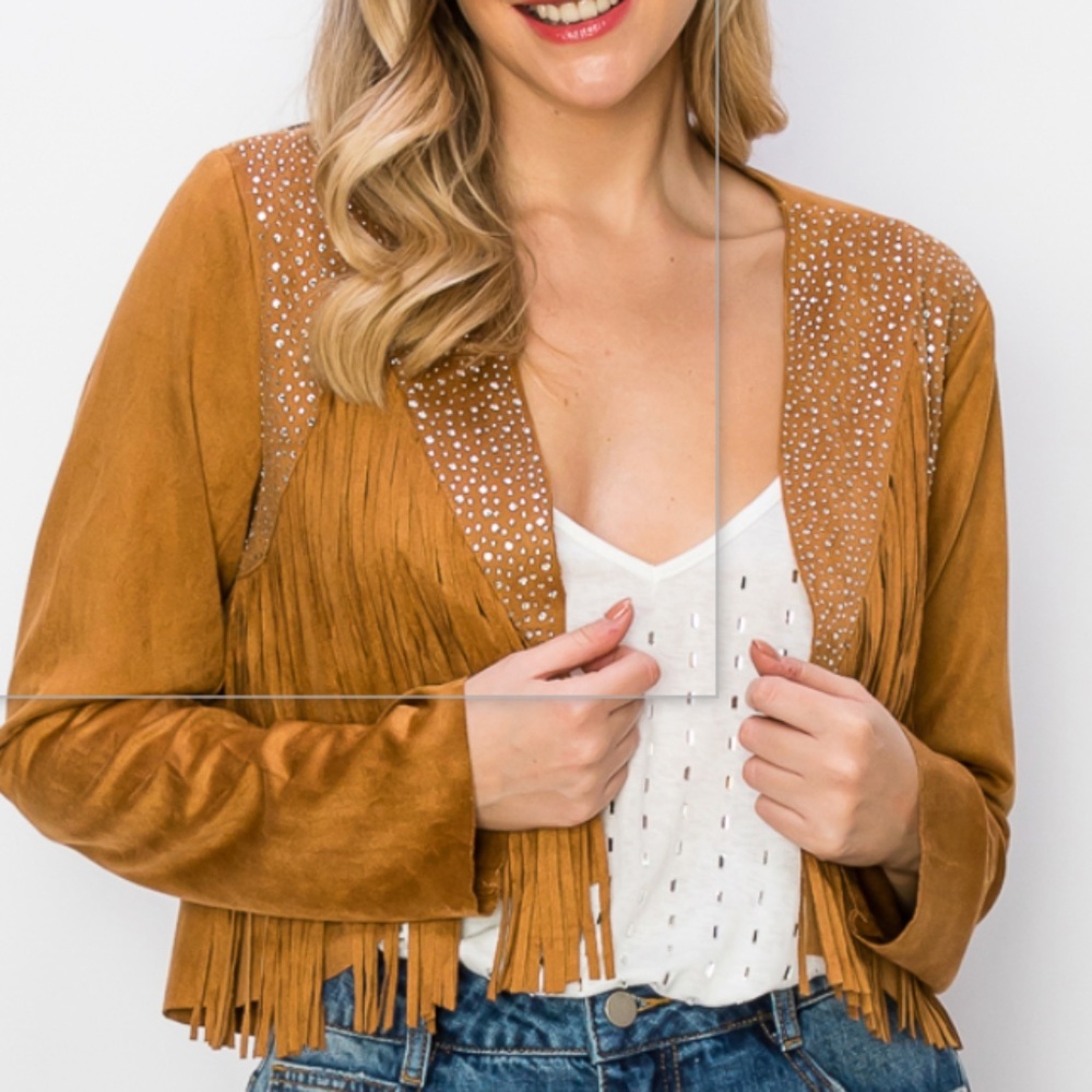 NWT Vocal camel crop jacket with fringe and stone detail
